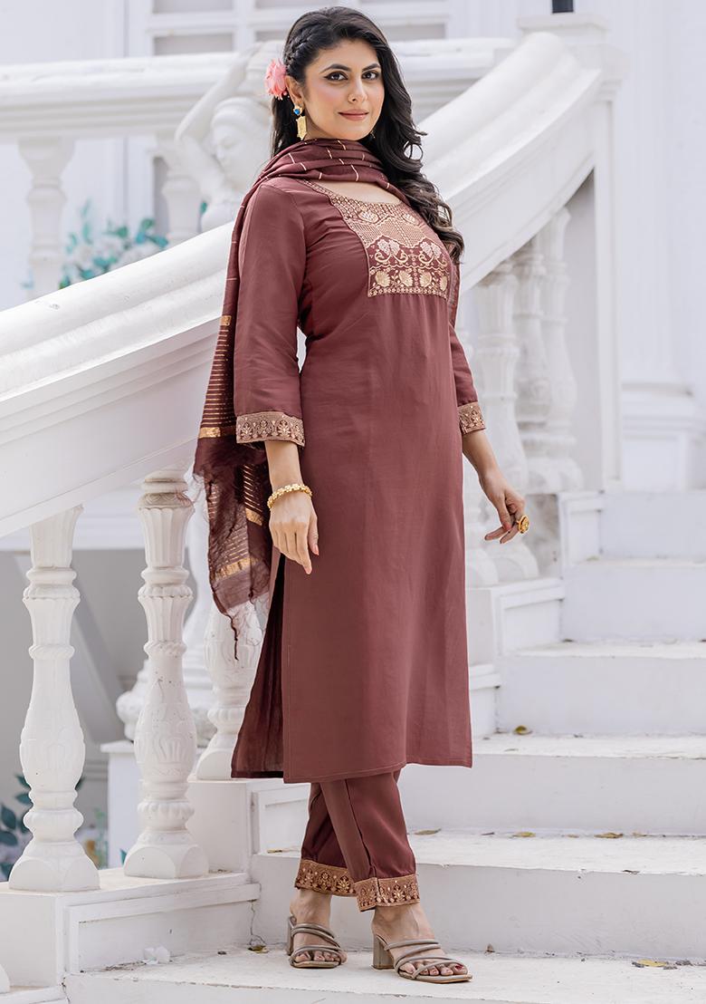 Brown Jacquard Silk Kurta Set
