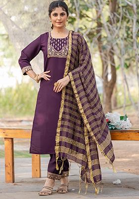 Wine Jacquard Silk Kurta Set