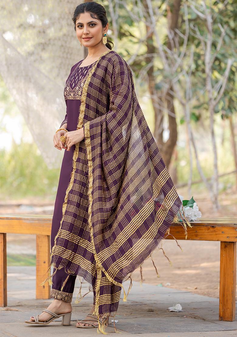 Wine Jacquard Silk Kurta Set