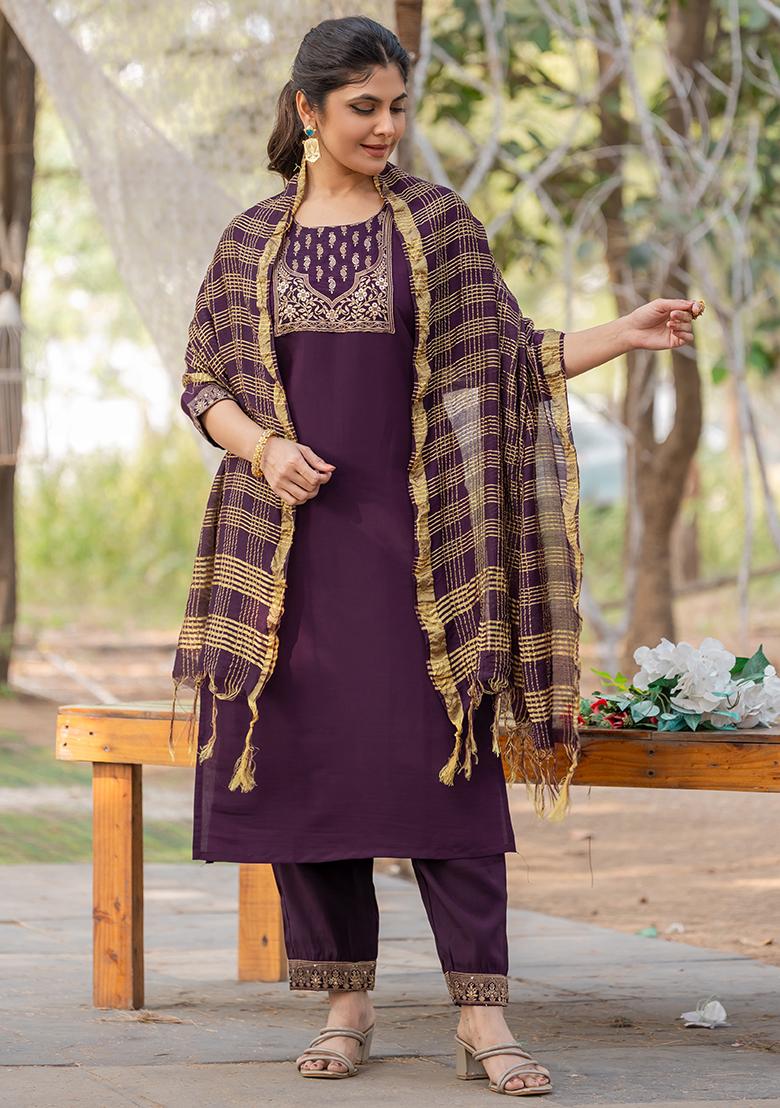 Wine Jacquard Silk Kurta Set