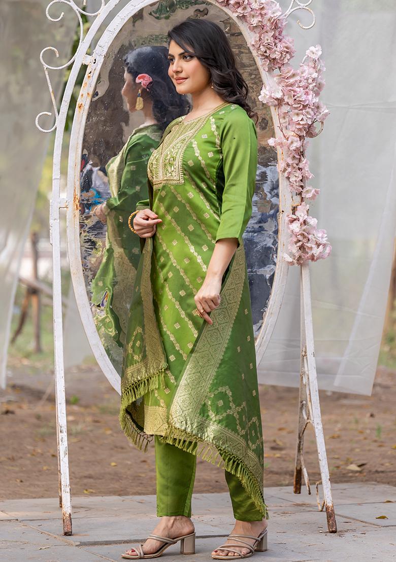 Green Embroidered Polyester Kurta Set