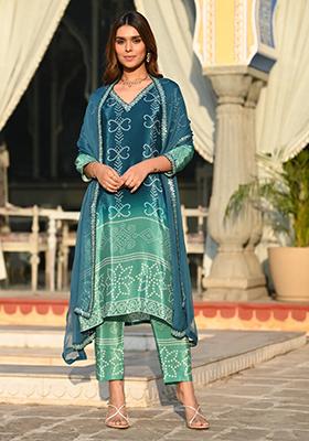 Blue Embroidered Chinon Kurta Set