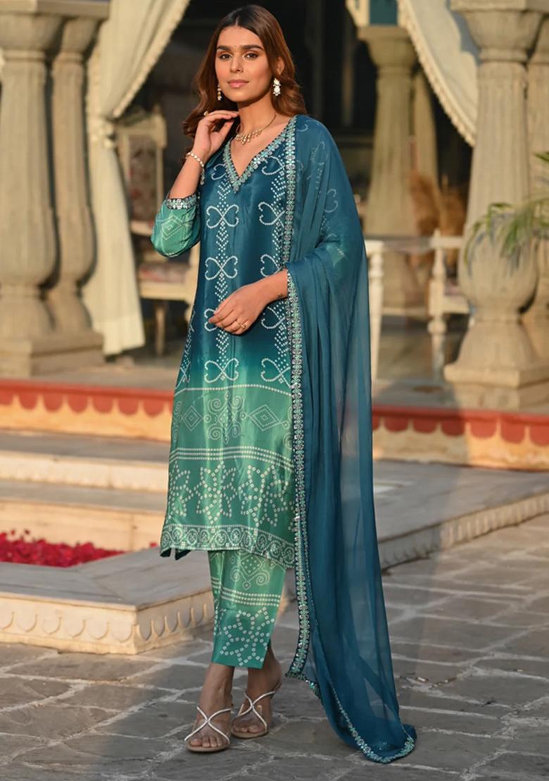 Blue Embroidered Chinon Kurta Set