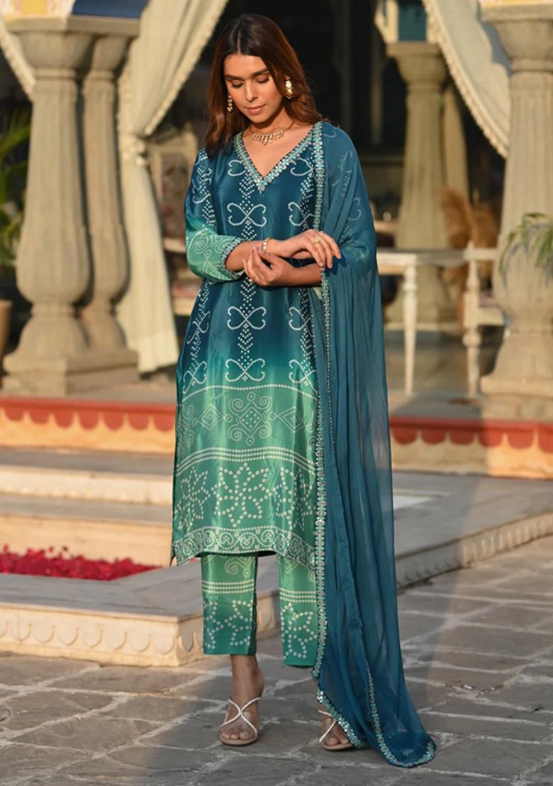 Blue Embroidered Chinon Kurta Set