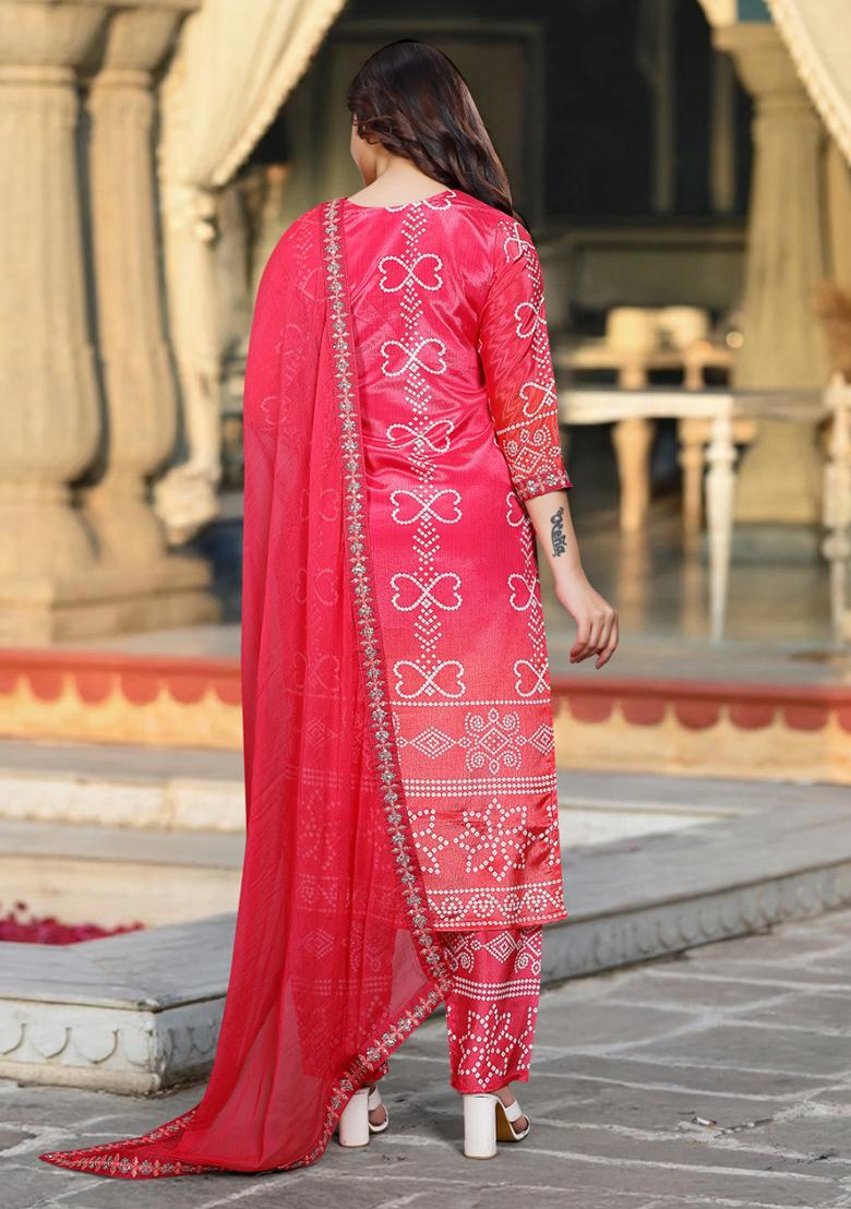 Pink Embroidered Chinon Kurta Set