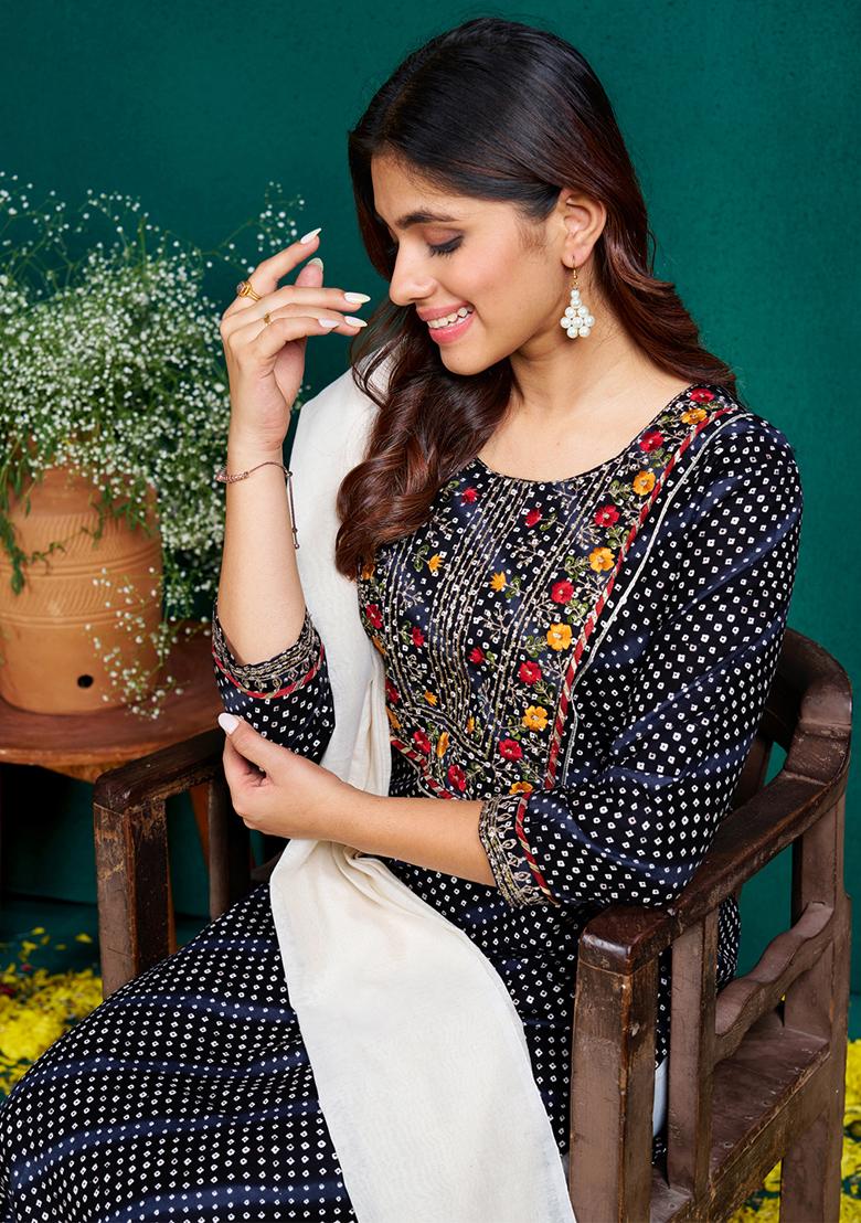 Black Embroidered Rayon Kurta Set