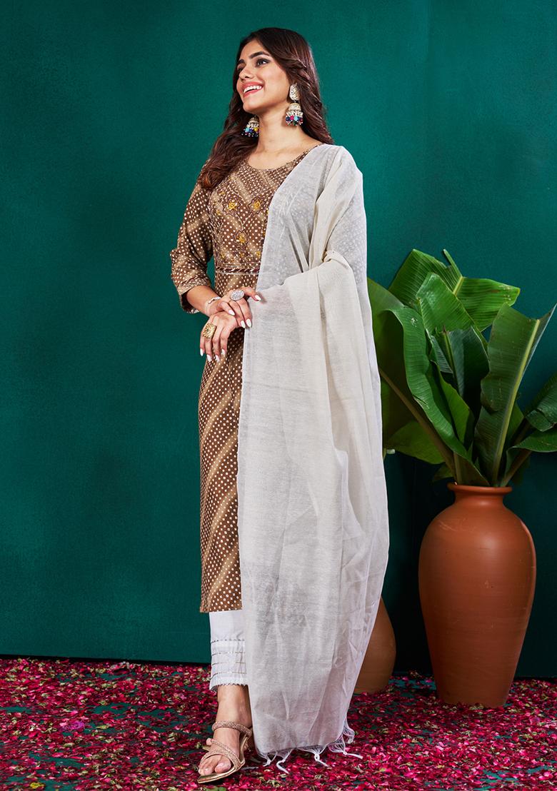 Brown Embroidered Rayon Kurta Set