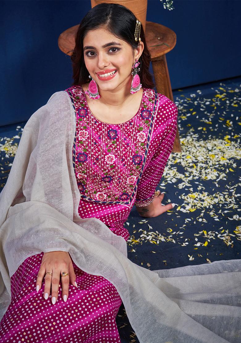 Purple Embroidered Rayon Kurta Set