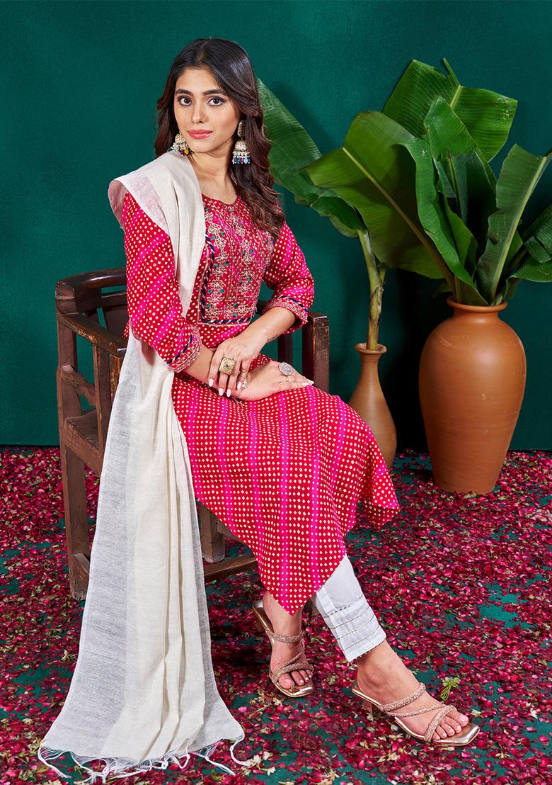 Pink Embroidered Rayon Kurta Set