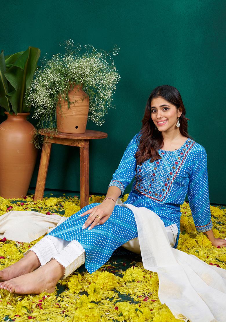 Blue Embroidered Rayon Kurta Set