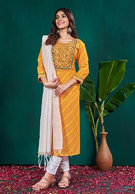 Yellow Embroidered Rayon Kurta Set