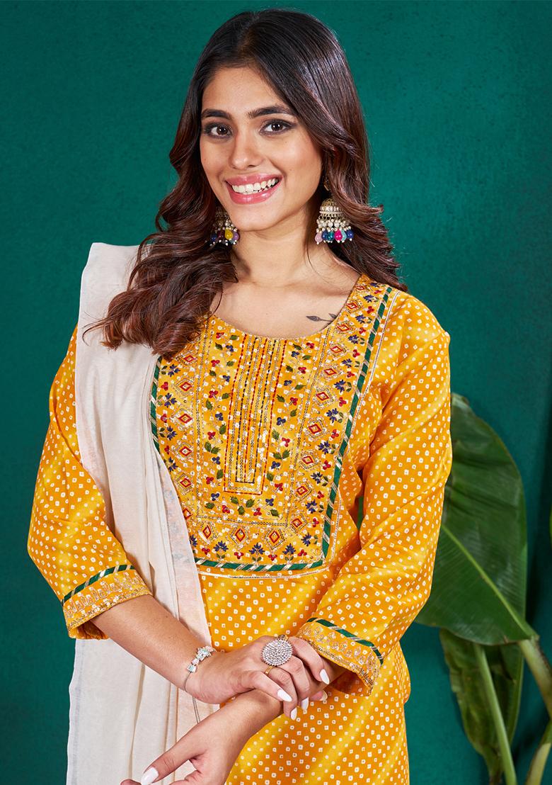 Yellow Embroidered Rayon Kurta Set