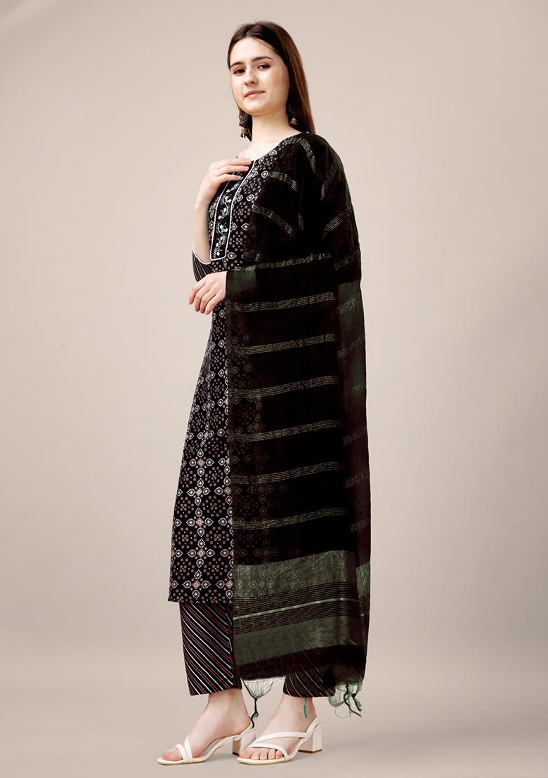 Black Embroidered Rayon Kurta Set