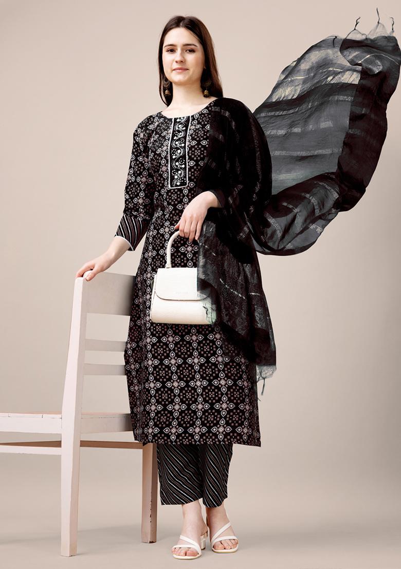 Black Embroidered Rayon Kurta Set