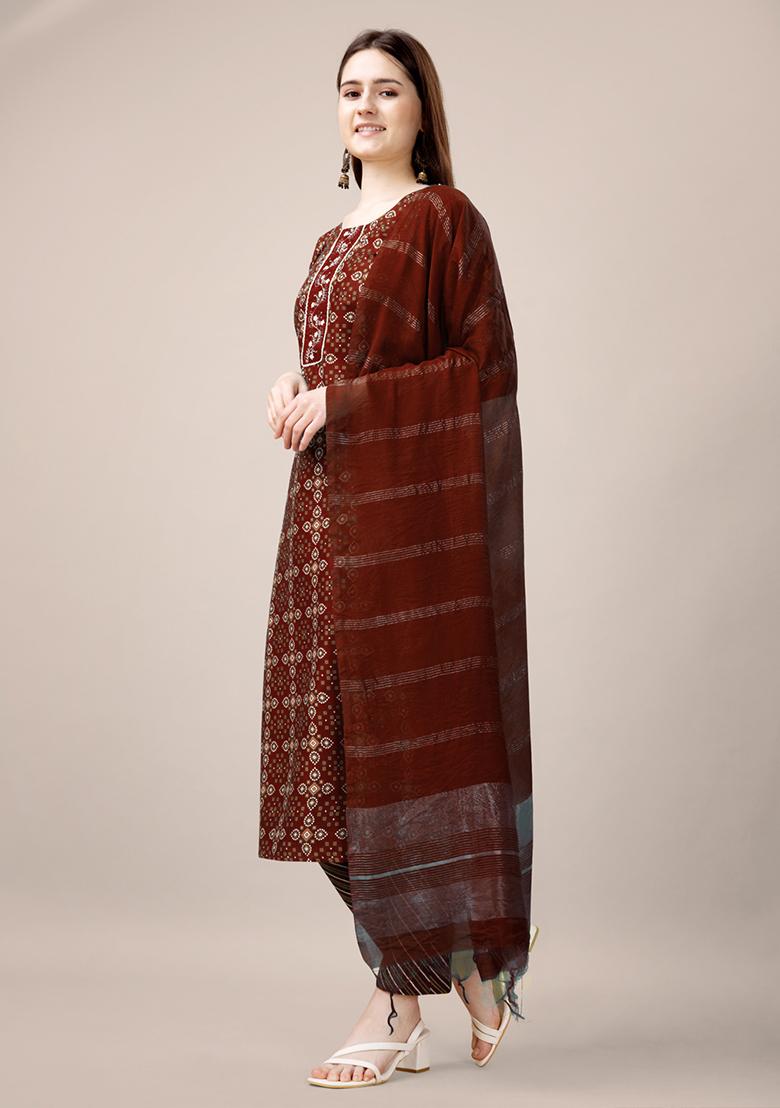 Maroon Embroidered Rayon Kurta Set