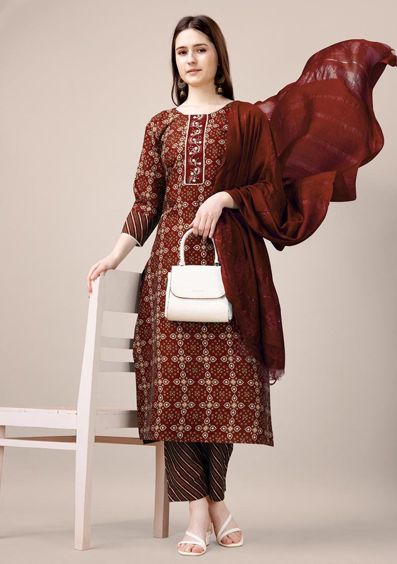 Maroon Embroidered Rayon Kurta Set