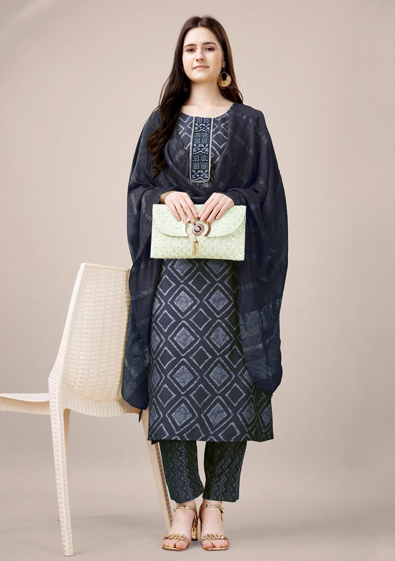 Grey Embroidered Rayon Kurta Set