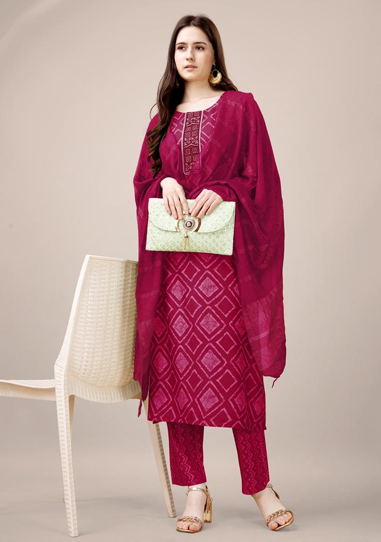 Pink Embroidered Rayon Kurta Set