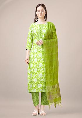 Green Embroidered Rayon Kurta Set