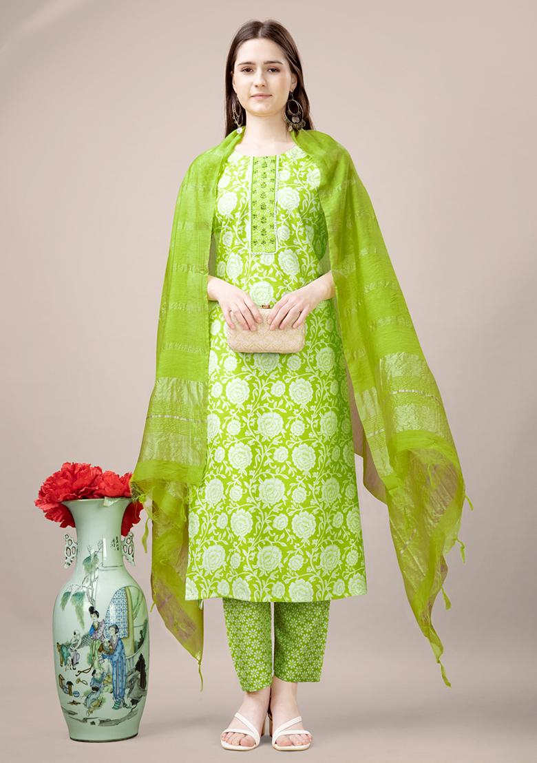 Green Embroidered Rayon Kurta Set