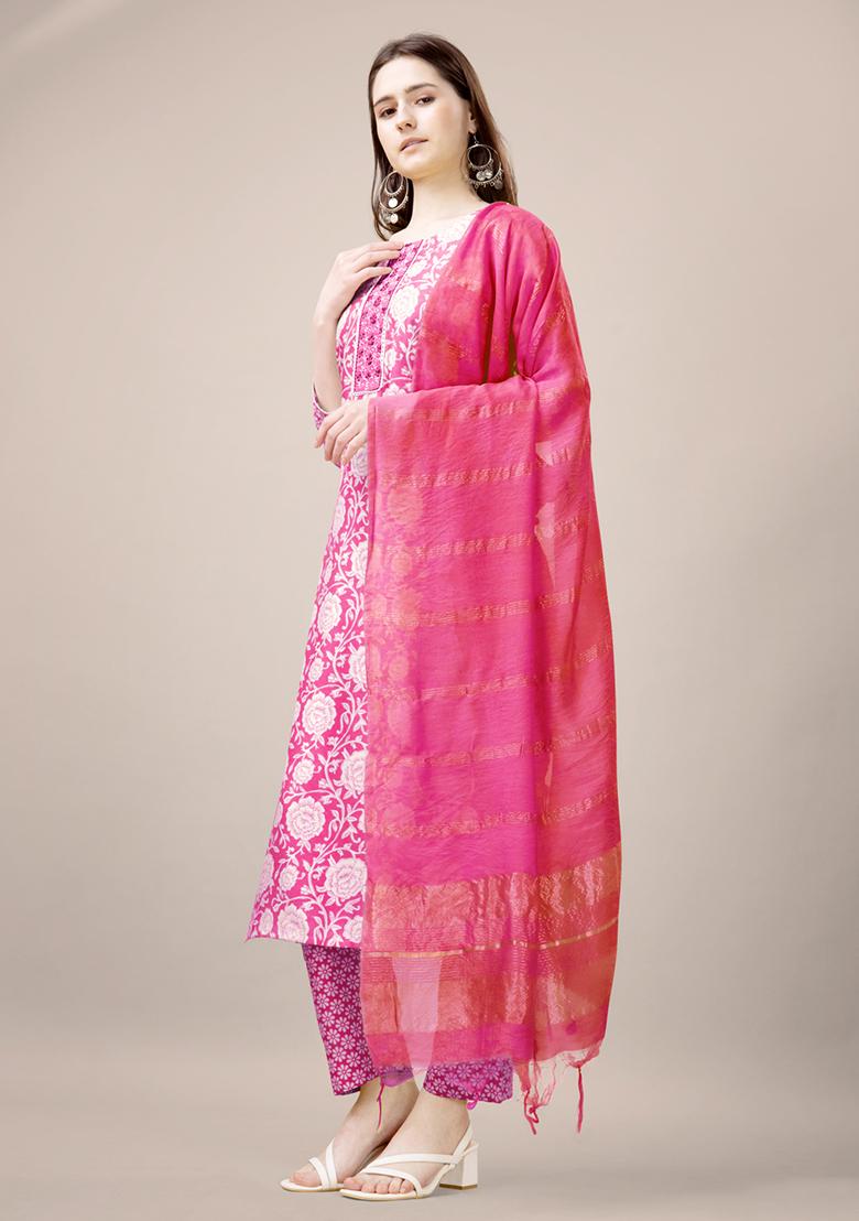 Pink Embroidered Rayon Kurta Set