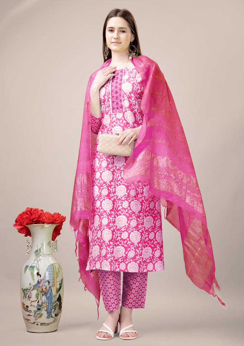 Pink Embroidered Rayon Kurta Set