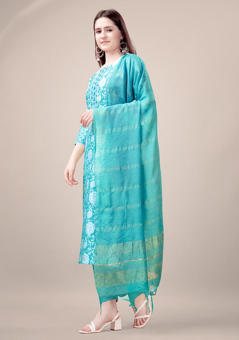 Blue Embroidered Rayon Kurta Set