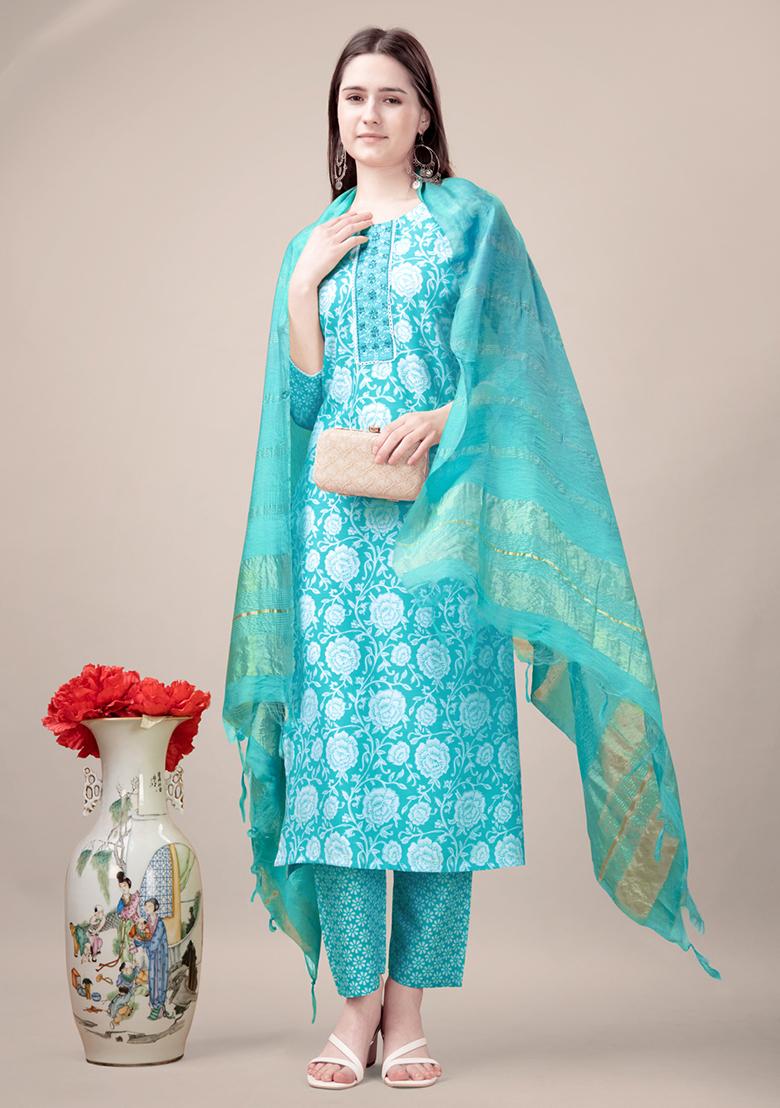Blue Embroidered Rayon Kurta Set