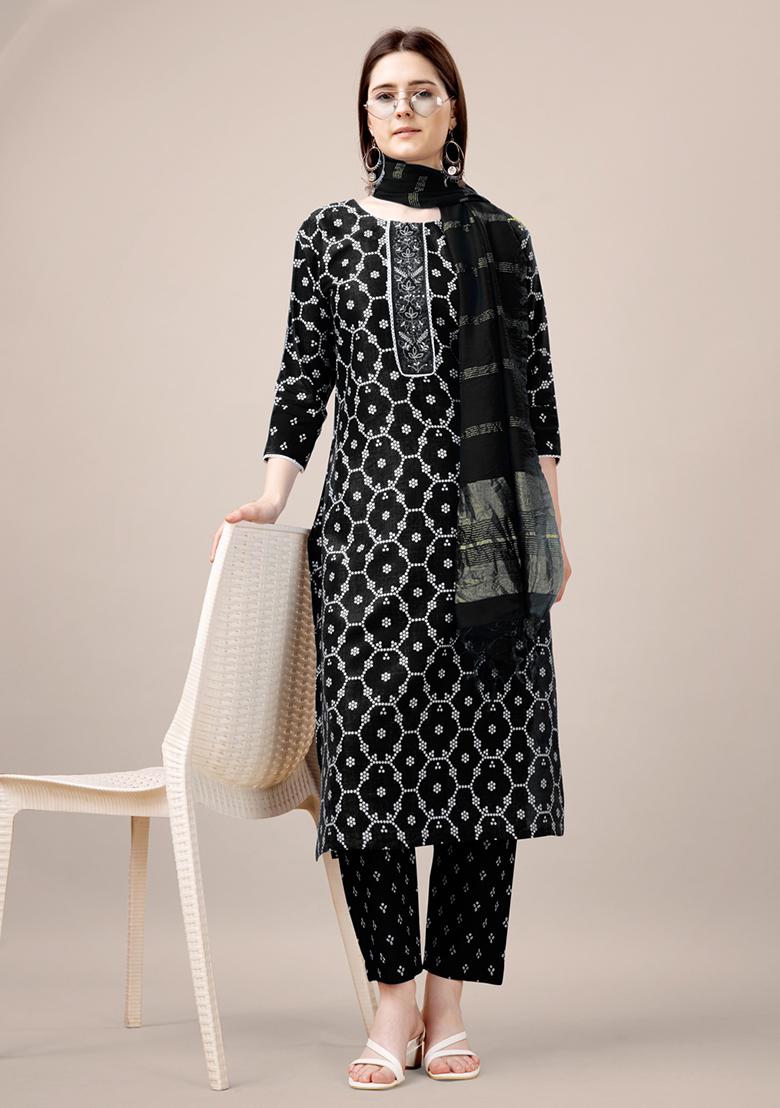 Black Embroidered Rayon Kurta Set