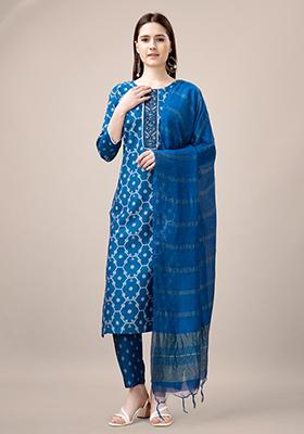Blue Embroidered Rayon Kurta Set