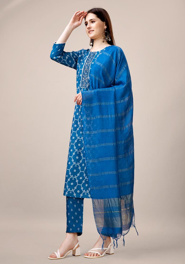 Blue Embroidered Rayon Kurta Set