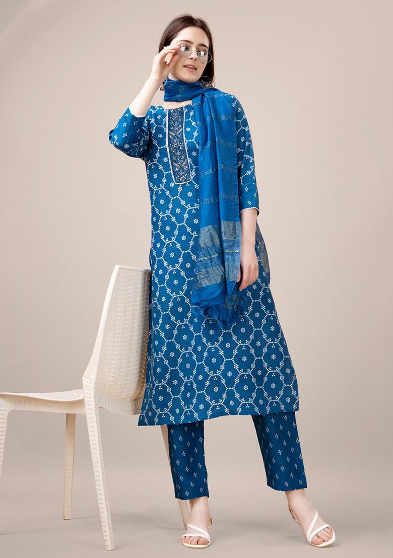 Blue Embroidered Rayon Kurta Set