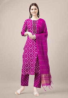 Pink Embroidered Rayon Kurta Set
