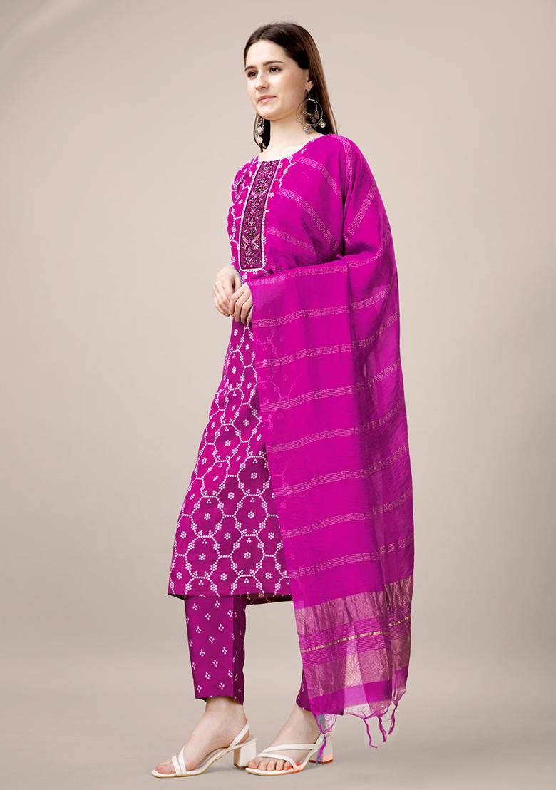 Pink Embroidered Rayon Kurta Set