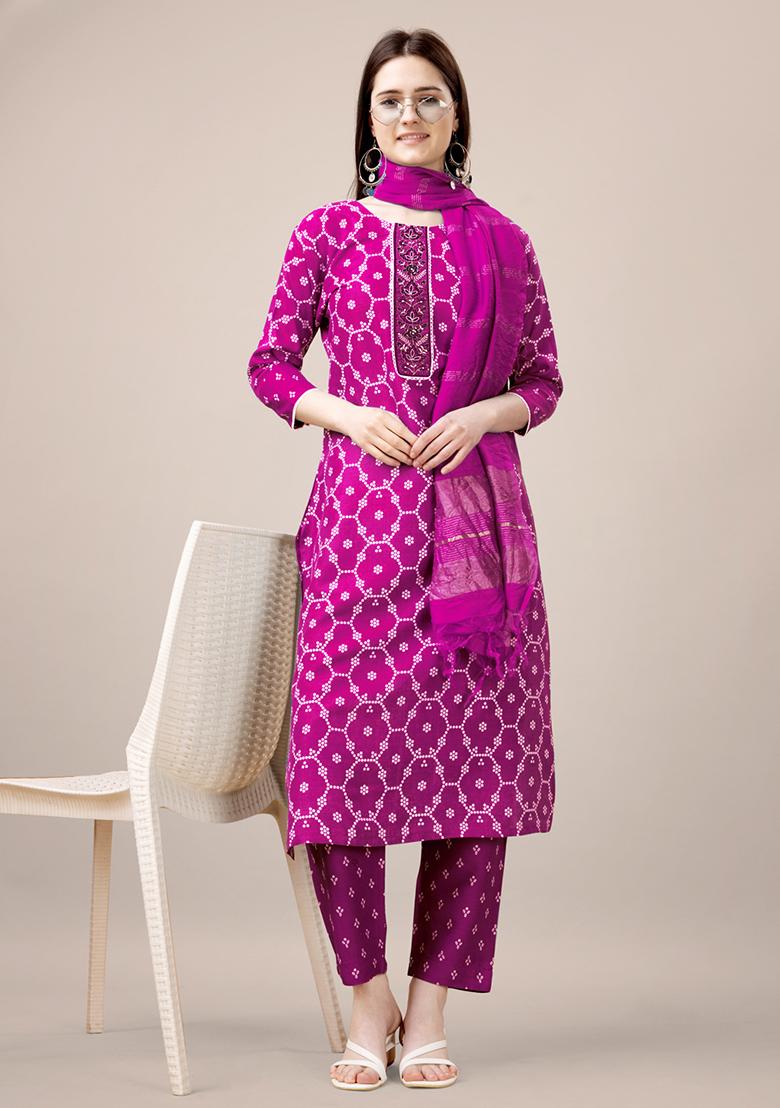 Pink Embroidered Rayon Kurta Set