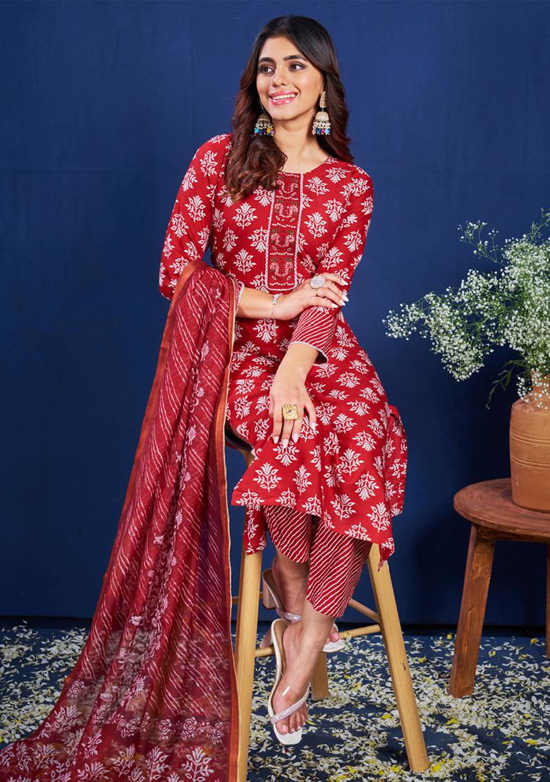 Maroon Embroidered Rayon Kurta Set