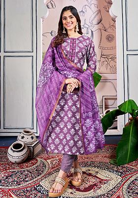Purple Embroidered Rayon Kurta Set