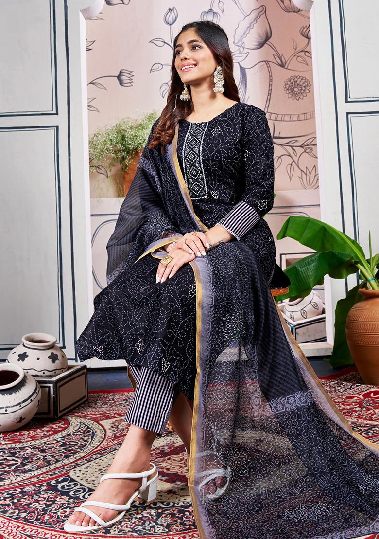 Black Embroidered Rayon Kurta Set