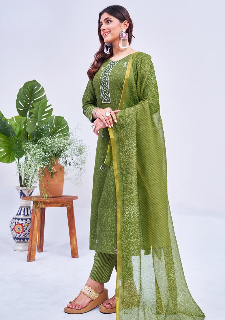 Green Embroidered Rayon Kurta Set