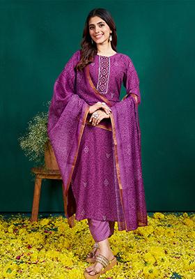 Purple Embroidered Rayon Kurta Set
