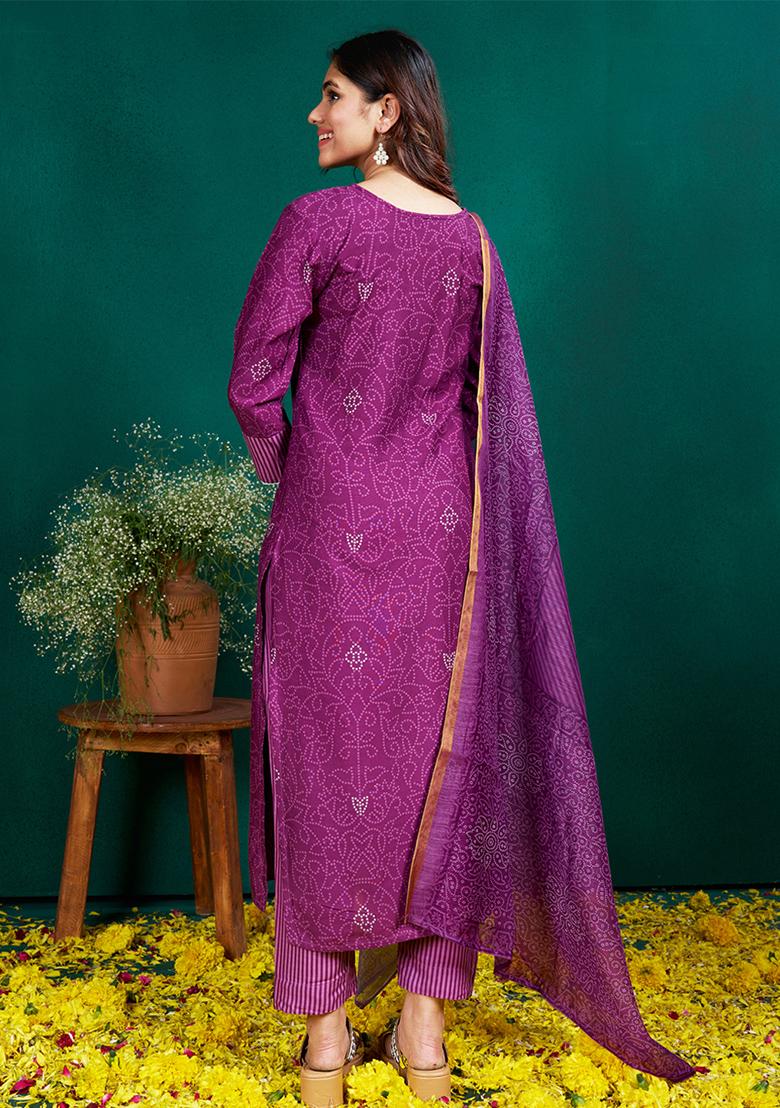 Purple Embroidered Rayon Kurta Set