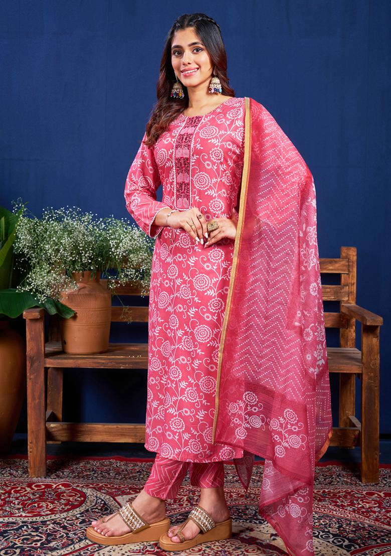 Pink Embroidered Rayon Kurta Set