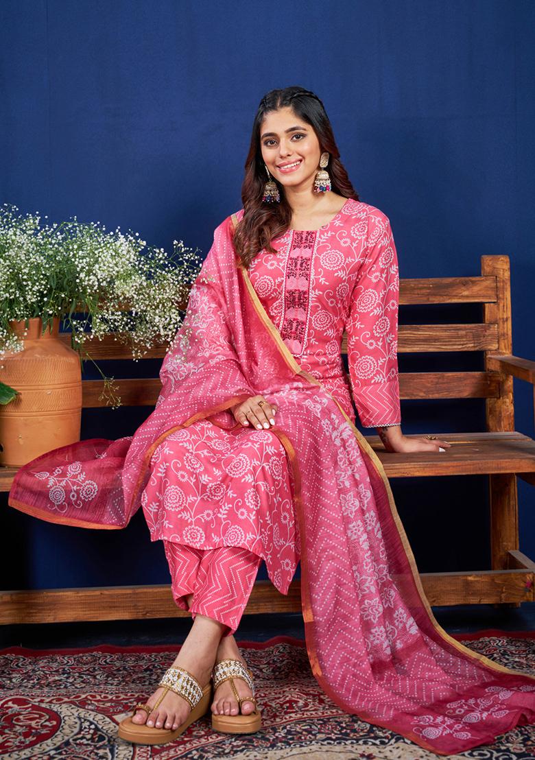 Pink Embroidered Rayon Kurta Set