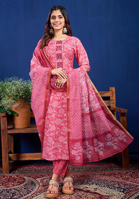 Pink Embroidered Rayon Kurta Set