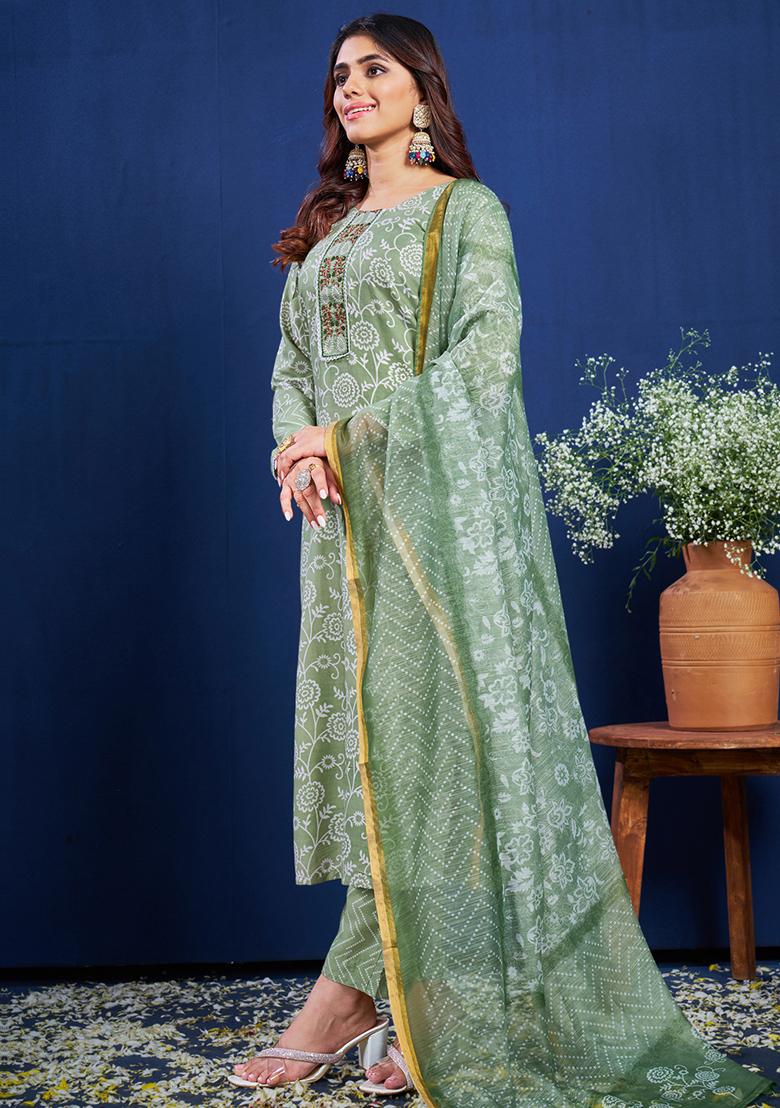 Green Embroidered Rayon Kurta Set