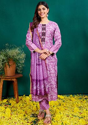 Purple Embroidered Rayon Kurta Set