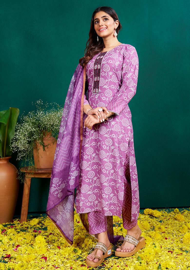 Purple Embroidered Rayon Kurta Set