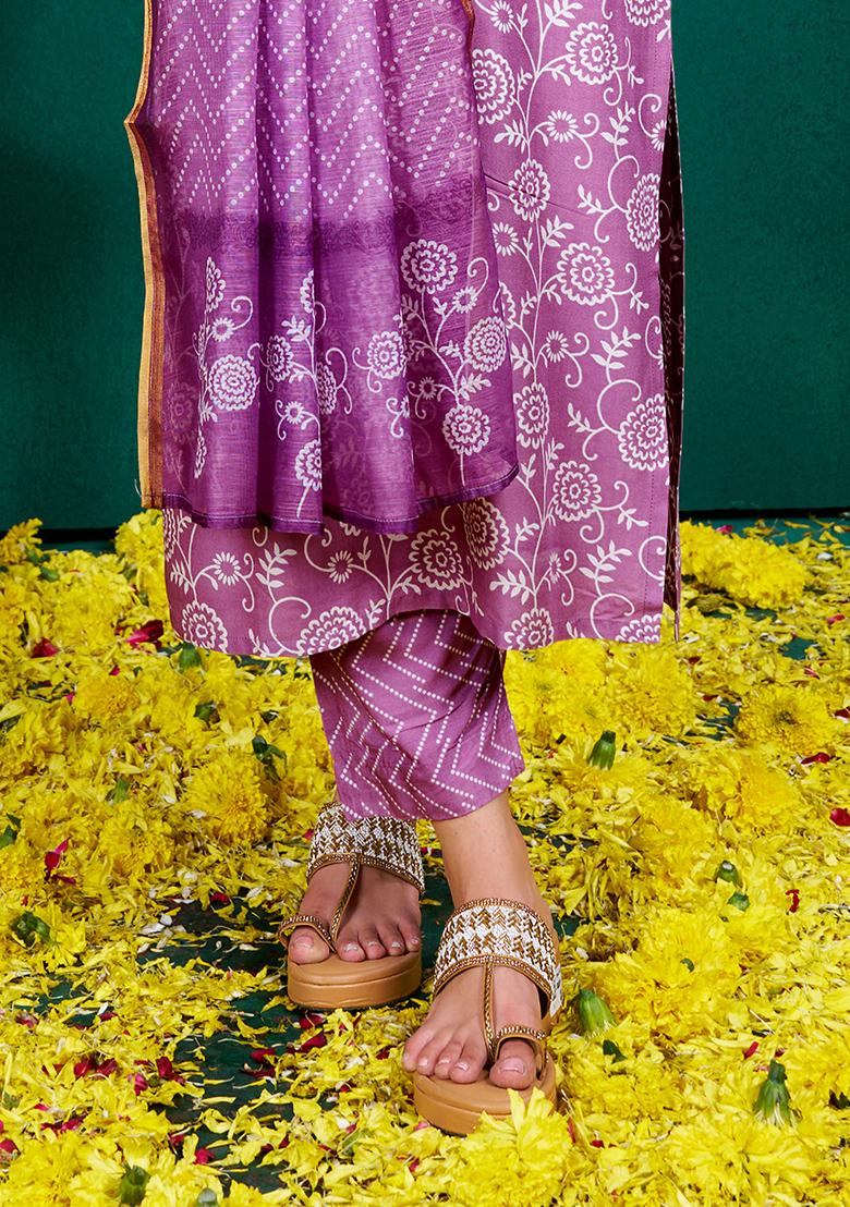 Purple Embroidered Rayon Kurta Set