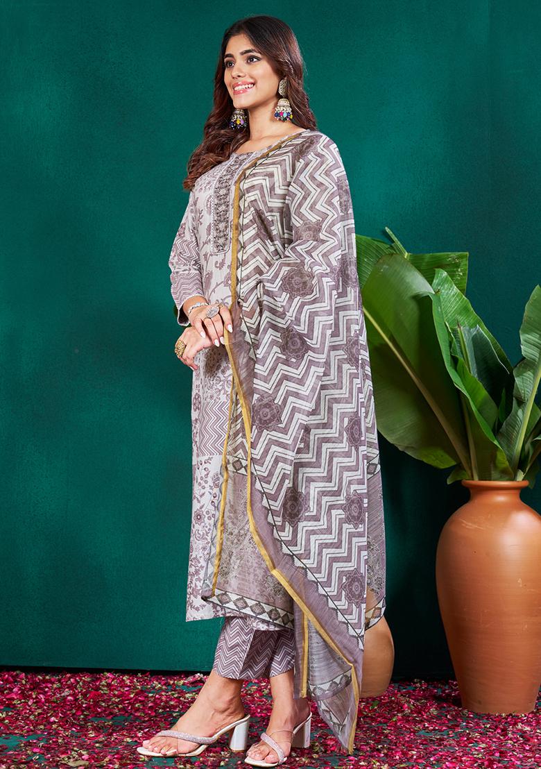 Purple Embroidered Rayon Kurta Set