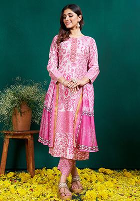 Pink Embroidered Rayon Kurta Set
